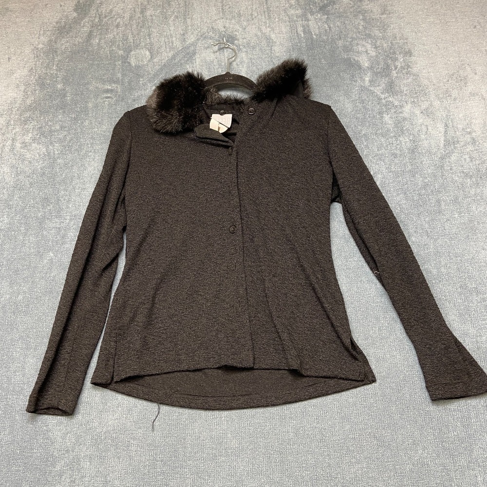 Rabbit Design Cardigan Sweater Womens 8M Black Long Sleeve Button Front Faux Fur